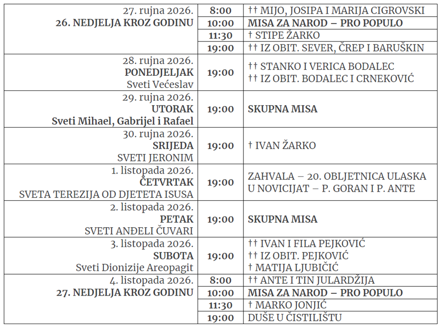 Župne obavijesti: 27. rujna 2026. – 26. NEDJELJA KROZ GODINU
